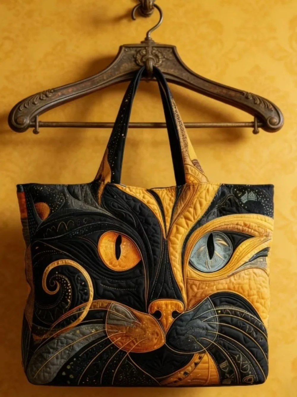 NEW Quilted Extra Large Cat Travel Tote Bag Black Orange - Picture 6 of 8